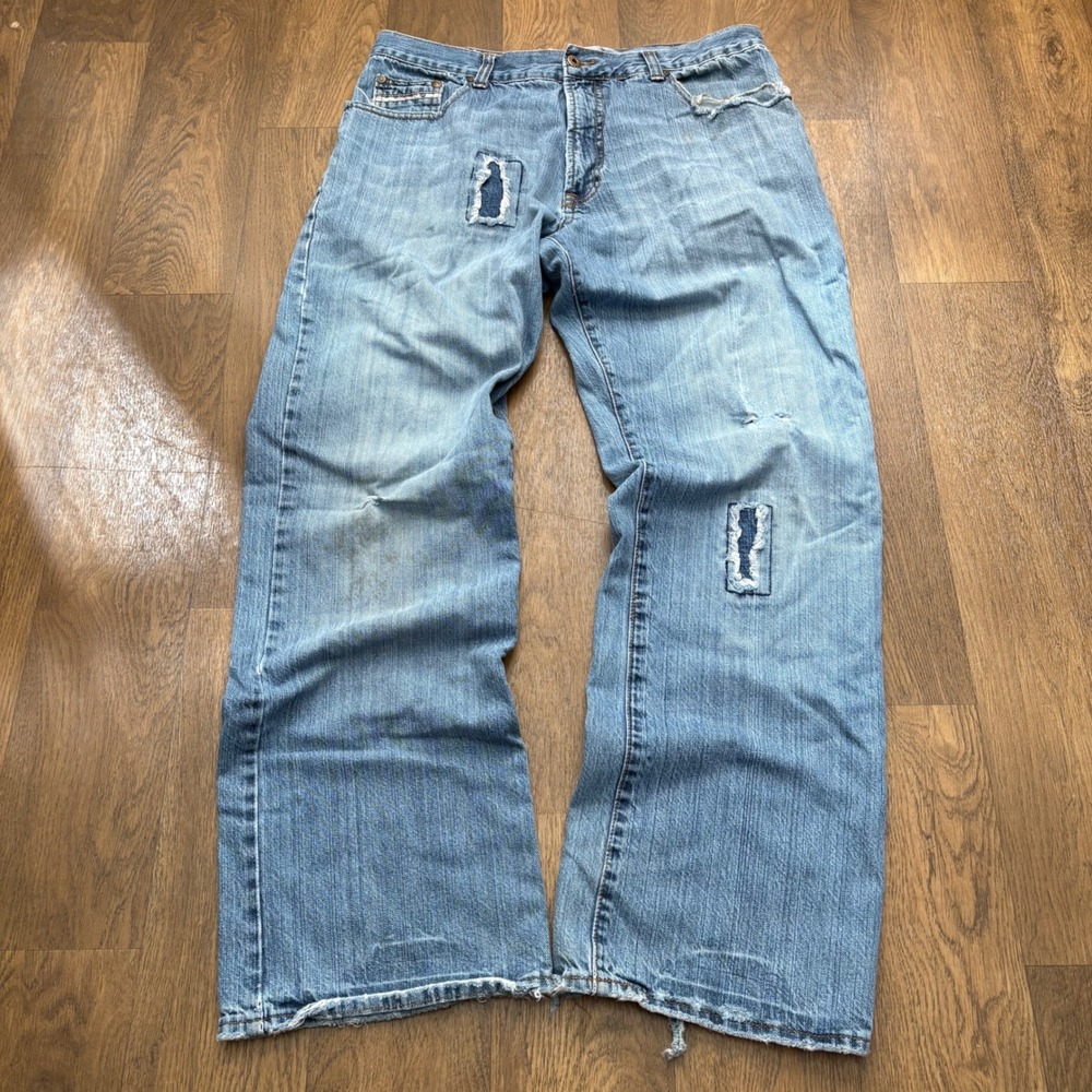 Vtg Y2K PACO Jeans Straight Leg Light Wash Distressed & Repaired Baggy Fit Jeans